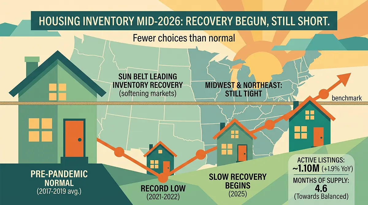 U.S. housing inventory mid-2026: active listings ~1.10M, 4.6 months of supply