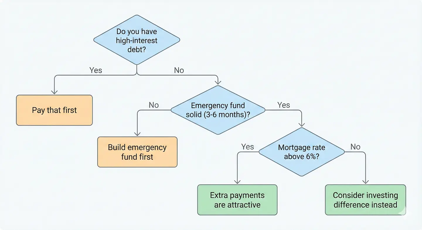 Extra mortgage payment decision flowchart: Step 1 - pay off high-interest debt first; Step 2 - build 3-6 month emergency fund; Step 3 - if mortgage rate above 5%, make extra payments, otherwise invest the difference