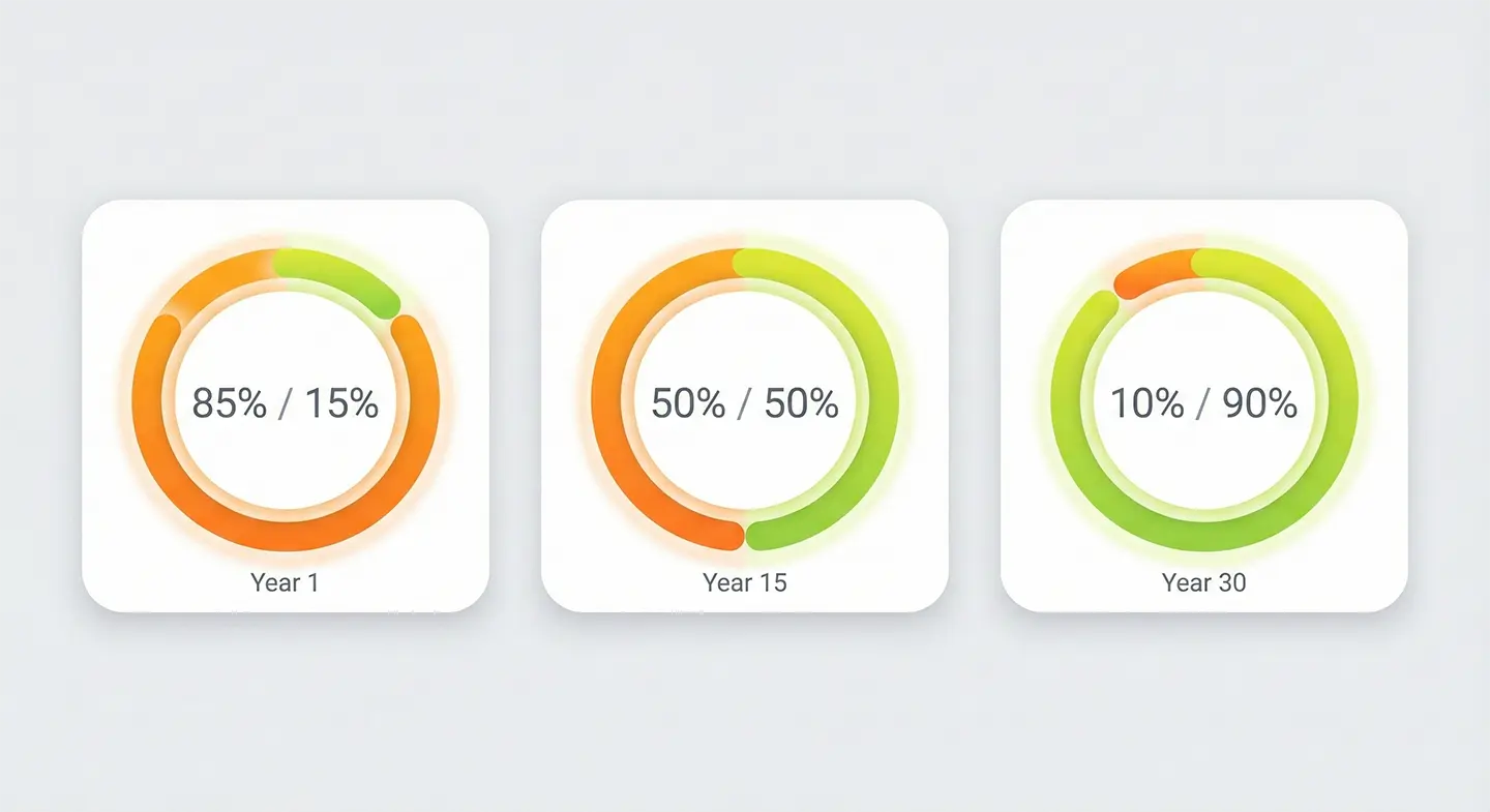 Three pie charts comparing mortgage payment split over time: Year 1 is 85% interest and 15% principal, Year 15 is 50% each, Year 30 is 10% interest and 90% principal