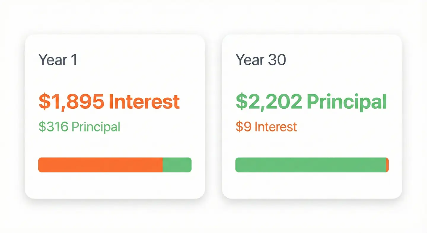 Side-by-side comparison of $2,098 monthly payment breakdown: Year 1 shows $1,750 to interest and $348 to principal; Year 30 shows $2,035 to principal and $63 to interest