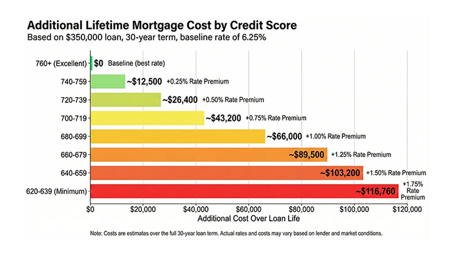 Bar chart showing how lower credit scores cost dramatically more - from $0 extra at 760+ to $116,760 extra at 620-639 score