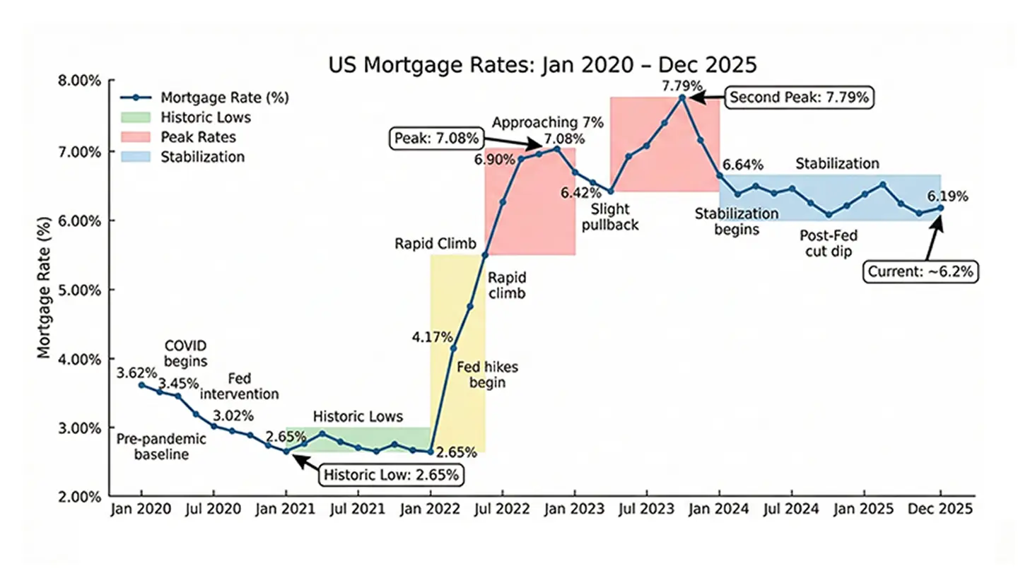 Line chart showing 30-year fixed mortgage rates from 2020 (3.11%) through 2025 (6.19%), with annotations for pandemic lows, Fed hikes, and stabilization
