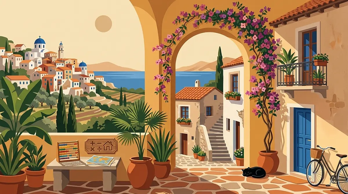 Illustrated Mediterranean hillside village seen through an archway, with an abacus, map and carved house sign on a stone table